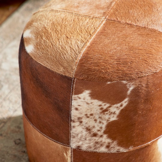 16" Brown Wood & Leather Farmhouse Ottoman